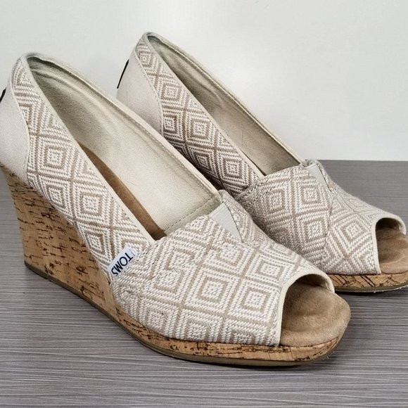 TOMS Peep Toe Cork Wedge, Creamy Tan Diamond Pattern Fabric, Womens Size 8 M - Picture 3 of 10